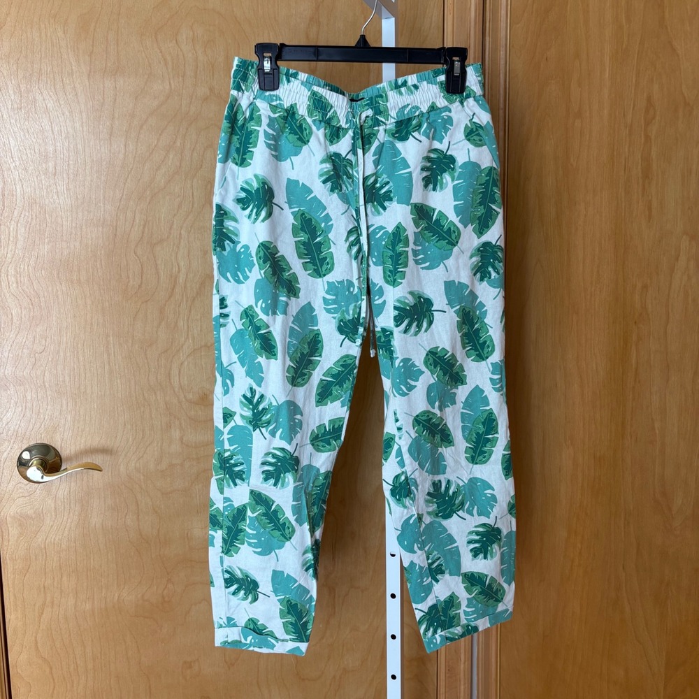 J Crew Women's Size 6 Green White Leaf Print Linen Blend Elastic Waist‎ Pants